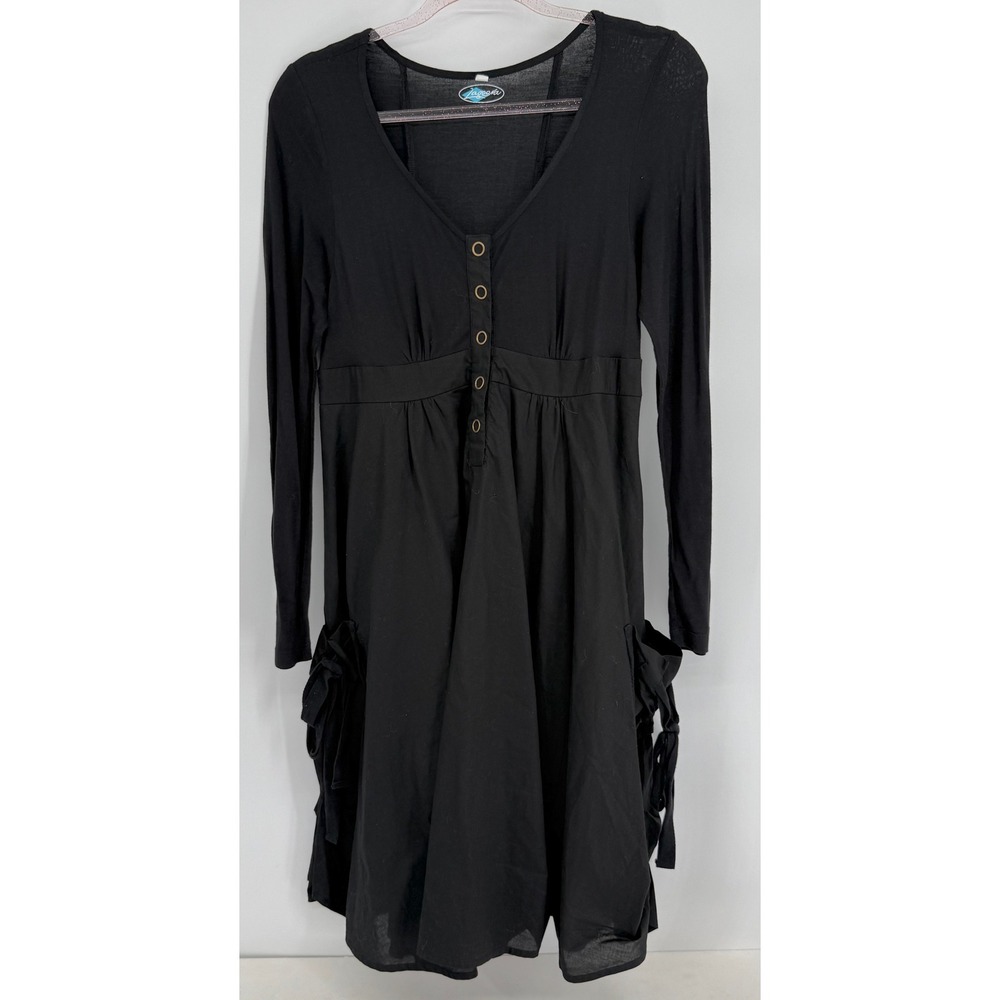 Lagoona Womens Black Cotton Long Sleeve Dress Goth Tie Pockets Smocked Sz L